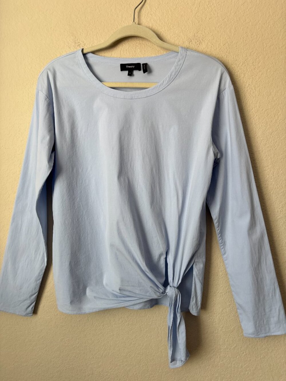 Theory Serah Stretch Cotton Waist Tie Top in Larkspur Blue - Picture 4 of 9